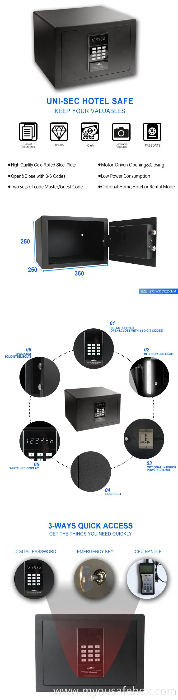 Hotel Room Safe with Memory Electronic Digital Keypad Lock for Security Safe Box with Internet (USS-2535CAS)